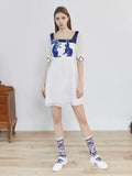 Dodobye Blue And White Rabbit Embroidered Pearl Retro Square Neck Dress