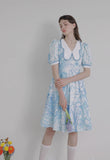 Dodobye Blue And White Watercolor Print Butterfly Collar Dress