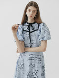 Dodobye Blue Pompeii Hand-Painted Bow Short-Sleeved Dress