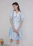 Dodobye Blue And White Watercolor Print Butterfly Collar Dress