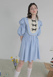 Dodobye Blue Butterfly Plate Button Short-Sleeved Dress