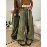 baggy jeans Pleated Faded Drawstring Jeans Men's American-Style Vintage Washed Wide-Leg Casual Overalls Couple Ins