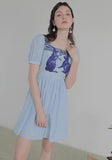 Dodobye Blue And White Rabbit Embroidered Square-Neck Short-Sleeved Dress