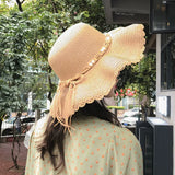 Dodobye Sweet Wavy Straw Hat Female K-style Big Brim Summer Seaside Travel Sun Protection Sun Hat Casual All-Match Hat