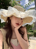 Dodobye Fairy Organza Summer Pearl Sunshade Seaside Straw Hat
