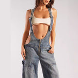 Dodobye 90s streetwear Style Zipper Denim Suspender Pants Women's Autumn Loose Casual Pocket Wide Leg Pants Women