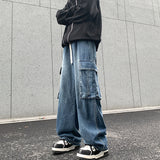 90s fashion men 2024 Autumn New American High Street Large Pocket Workwear Jeans Japanese Loose Straight Trousers