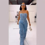 birthday outfits 2024 New Tube Top Multi-Pocket Workwear Jeans Jumpsuit Suit Multi-Button Women's Clothing