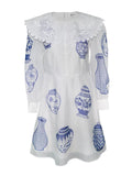 Dodobye Blue And White Porcelain Embroidered Large Lapel Long-Sleeved Dress