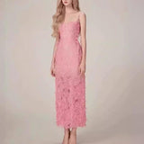 pink dress Niche Sequined Black Lace Ribbon Three-Dimensional Flower Sexy Slim Strap Dress Long Dress for Women