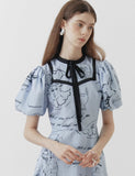 Dodobye Blue Pompeii Hand-Painted Bow Short-Sleeved Dress