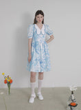 Dodobye Blue And White Watercolor Print Butterfly Collar Dress