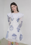 Dodobye Blue And White Porcelain Embroidered Large Lapel Long-Sleeved Dress