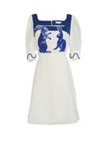 Dodobye Blue And White Rabbit Embroidered Pearl Retro Square Neck Dress