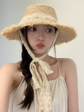 Dodobye Straw Hat Woven Lace Edge Japanese Beach Sun Hat