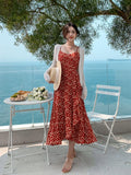 Dodobye-Lady Beach Red Floral Skirt V-neck Strap Dress Women's Summer Fancy Long Dress Seaside Holiday Beach Dress