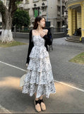 Dodobye-French Style Floral Super-Fairy Spaghetti-Strap Dress Women's Summer Hepburn Style Waist-Controlled Slim Looking Temperament Fairy Cake Long Dress