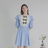 Dodobye Blue Butterfly Plate Button Short-Sleeved Dress