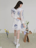 Dodobye Blue And White Porcelain Embroidered Large Lapel Long-Sleeved Dress