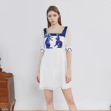 Dodobye Blue And White Rabbit Embroidered Pearl Retro Square Neck Dress