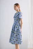 Dodobye Blue Tulip Retro Lapel Short-Sleeved Dress