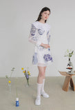 Dodobye Blue And White Porcelain Embroidered Large Lapel Long-Sleeved Dress