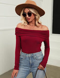 leapord halloween outfit Modal Fabric Women's Sexy off-the-Shoulder Top T-shirt Slim-Fit Long Sleeve Bottoming