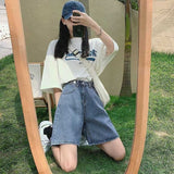 tomboy outfit Simple Korean Style Denim Cropped Pants for Female Students Summer Loose Slimming High Waist Straight Wide Leg Pants Fashionable Ins All-Matching