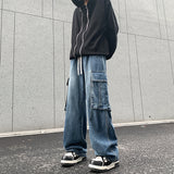 90s fashion men 2024 Autumn New American High Street Large Pocket Workwear Jeans Japanese Loose Straight Trousers