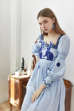 Dodobye Blue And White Rabbit Embroidery Polka Dot Square Collar Dress