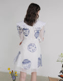 Dodobye Blue And White Porcelain Embroidered Large Lapel Long-Sleeved Dress