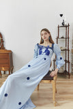 Dodobye Blue And White Rabbit Embroidery Polka Dot Square Collar Dress