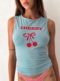 Dodobye Letter Cherry Print Sleeveless Round Neck Tops