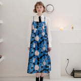 Dodobye Blue Cat And Vase Print Suspender Dress