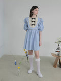 Dodobye Blue Butterfly Plate Button Short-Sleeved Dress