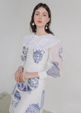 Dodobye Blue And White Porcelain Embroidered Large Lapel Long-Sleeved Dress