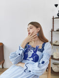 Dodobye Blue And White Rabbit Embroidery Polka Dot Square Collar Dress