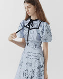 Dodobye Blue Pompeii Hand-Painted Bow Short-Sleeved Dress