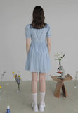 Dodobye Blue And White Rabbit Embroidered Square-Neck Short-Sleeved Dress