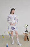 Dodobye Blue And White Porcelain Embroidered Large Lapel Long-Sleeved Dress