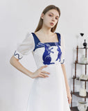 Dodobye Blue And White Rabbit Embroidered Pearl Retro Square Neck Dress