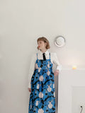 Dodobye Blue Cat And Vase Print Suspender Dress