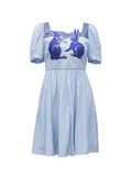 Dodobye Blue And White Rabbit Embroidered Square-Neck Short-Sleeved Dress