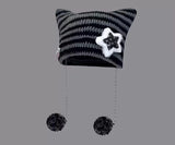 grunge outfits Fur Ball Style Ins Little Devil Striped Knitted Wool Hat Punk Style Cat Ears Cute Pointed Hat Curling Cold Hat