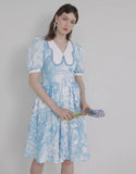 Dodobye Blue And White Watercolor Print Butterfly Collar Dress