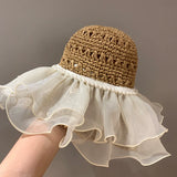Dodobye Fairy Organza Summer Pearl Sunshade Seaside Straw Hat