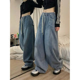 baggy jeans Pleated Faded Drawstring Jeans Men's American-Style Vintage Washed Wide-Leg Casual Overalls Couple Ins