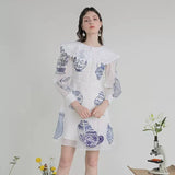 Dodobye Blue And White Porcelain Embroidered Large Lapel Long-Sleeved Dress