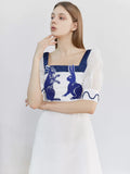 Dodobye Blue And White Rabbit Embroidered Pearl Retro Square Neck Dress