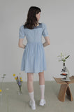 Dodobye Blue And White Rabbit Embroidered Square-Neck Short-Sleeved Dress